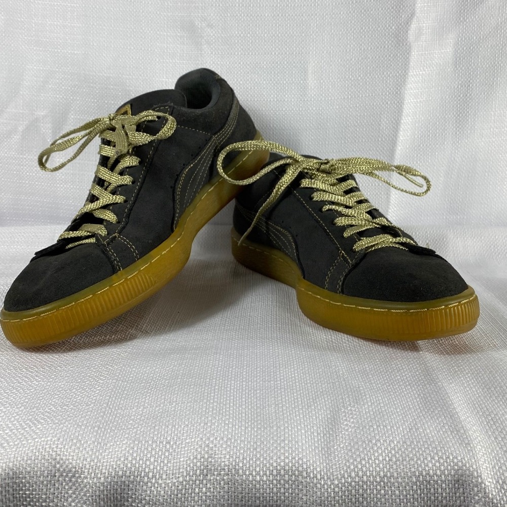 Puma Suede‎ Platform Gold Charcoal Gray Gum Sole Sneakers Men's 8 Women's 9.5